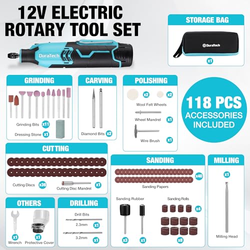 DURATECH Cordless Rotary Tool, 12V Rechargeable Rotary Tool with 118pcs Accessories, 7 Variable Speed 35000RPM, Power Rotary Multi Tool Kit for Sanding, Polishing, Carving, Drilling and DIY Crafts 3 DURATECH Cordless Rotary Tool, 12V Rechargeable Rotary Tool with 118pcs Accessories, 7 Variable Speed 35000RPM, Power Rotary Multi Tool Kit for Sanding, Polishing, Carving, Drilling and DIY Crafts - Image 3