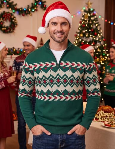 Image of COOFANDY Men Ugly Christmas Sweater Pullover Quarter Zip Snowflake Sweater