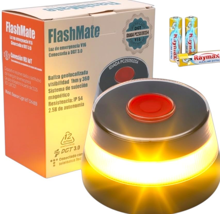 Beacon V16 Approved DGT 3.0 with Geolocation – Car Emergency Light, DGT Connected Beacon, 360º Visibility, Data Included until 12/2038, V16 LED Required 2026