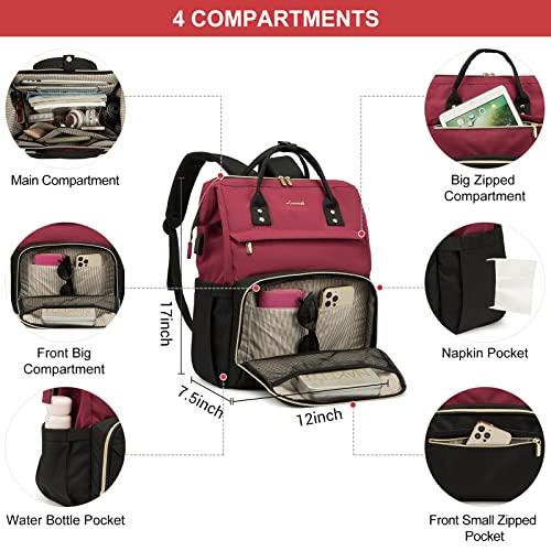 Lovevook Laptop Backpack Purse For Women, 17 Inch Computer Business Stylish Backpacks, Teacher Doctor Nurse Bags For Work, Casual Daypack Backpack With Usb Port, Wine Red-Black #TOP1