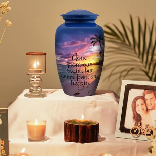 Image of Cremation Urn for Human Ashes Adult - Beach Sunset Printed Funeral Urn for Men & Women, Large Decorative Memorial Urn, Burial Urn with Velvet Bag, 200 Cu /in