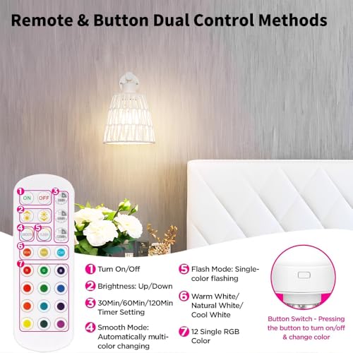 Image of White Battery Operated Wall Sconce Set of 2, Boho Rattan Rechargeable Wall Lights with Dimmable Bulbs and Remote,15 Colors Wireless Wall Lamps for Bedroom Living Room Hallway Decor