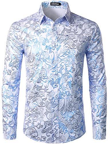 ZEROYAA Men's Luxury Gold Prom Design Slim Fit Long Sleeve Button up Party Dress Shirts