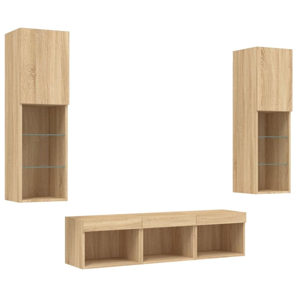 5 piezas de pared con LED RGB Sonoma roble madera de roble cristal colgante TV aparador salón Sonoma 30 x 30 x 120 cm y 40 x 30 x 30 cm diseño moderno para salón, dormitorio, oficina