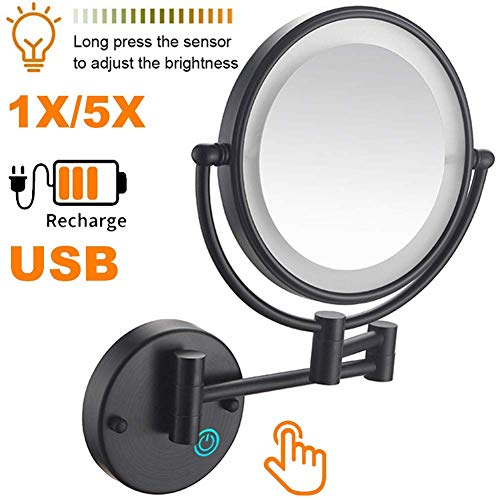 8"Wand-Make-up-Spiegel mit Lichtern LED 5X Wand-Make-up-Kosmetikspiegel Doppelseitig, Touch-Taste und einstellbares Licht, Rasier-Make-up im