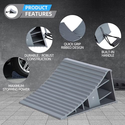 Image of Homeon Wheels RV Camper Large Wheel Chocks Extra Wide with Handle and Rope for Travel Trailers, Cars, Tire Chocks Blocks 2 Packs Hard Plastic Heavy Duty(Gray)