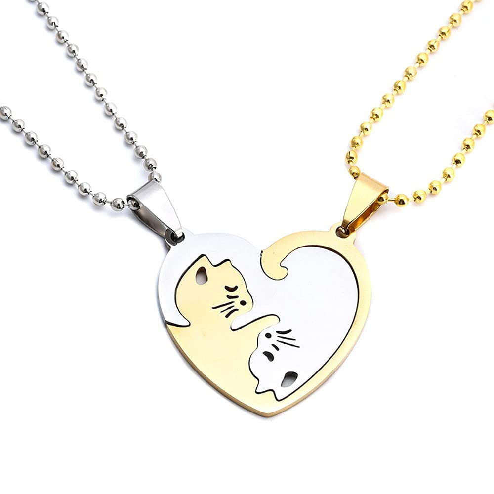GulCeanMatching Cat Necklace For Couples Best Friend Stainless Steel Cute Cat Hugs Heart Shaped Promise Relationship Friendship BFF Necklace For 2