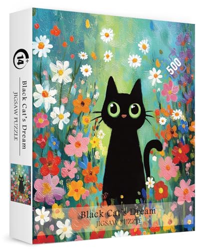 Puzzles Cute Black Cat para adultos 500 piezas. Puzzles de rompecabezas de naturaleza con flores coloridas. Rompecabezas artísticos desafiantes de flores, animales y plantas miniatura 1