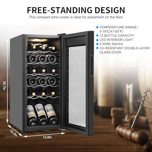 Wine Cooler Refrigerator 18 Bottles, Small Wine Fridge Mini Wine Fridge Countertop with Glass Door Wine Cellars for Red Wine, Champagne, Dry White Wine, Sparkling Wines