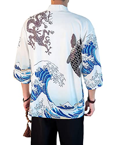 Image of PRIJOUHE Men's Lightweight Kimono Jacket Seven Sleeve Open Front Cardigan Coat Japanese Style Bathrobe