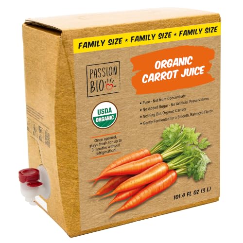 Image of Passion Bio Organic Carrot Juice, Fermented, Bag-in-Box, 101.4 fl oz | 100% pure organic carrot juice . lactic-acid fermented . smooth balanced flavor . no added sugar . vegan . 101.4 fl oz