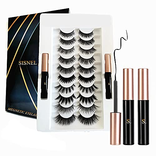 Ciglia magnetiche 3D aggiornate con eyeliner, 10 paia di ciglia magnetiche riutilizzabili e eyeliner magnetico con pinzette, aspetto naturale e impermeabile, non necessita di colla