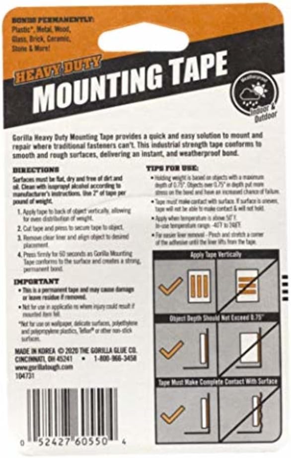Gorilla Heavy Duty Double Sided Mounting Tape, 1" x 60", Black, (Pack of 5)