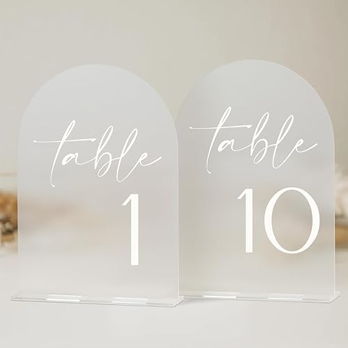 Mesa de boda de acrílico con arco esmerilado, números del 1 al 10 con soportes, letreros y soportes acrílicos arqueados de 5 x 7 pulgadas, números