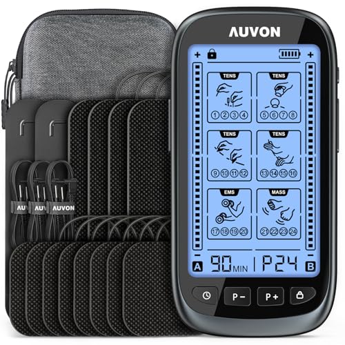 AUVON 3-in-1 TENS Unit Muscle Stimulator, Dual Channel Electronic Pulse Massager, TENS EMS Machine, 24 Modes Muscle Massager for Pain Relief Therapy, EVA Travel Case, 12 Pcs TENS Unit Electrodes Pads
