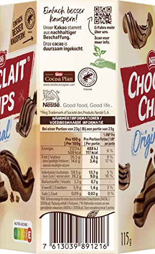 Nestlé CHOCLAIT CHIPS Original, leckere Knusperchips umhüllt mit leckerer Milchschokolade und verfeinert mit Dekorstreifen aus dunkler Schokolade, 1er Pack (1 x 115g)