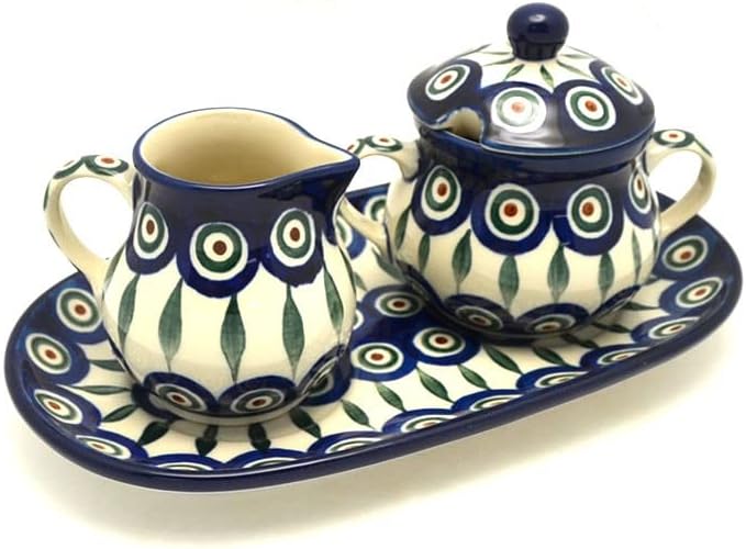 Polish Pottery Cream & Sugar Set - Peacock