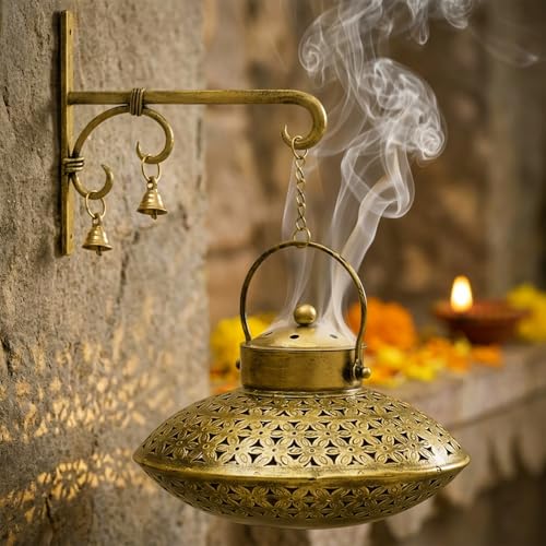 Image of Handicraft Wall Iron Antique Brass Hanging Traditional Dhoop Burner Holder | Ideal for Diwali Decoration, Pooja Temple, Yoga Room Gifting - Gold