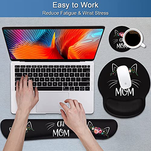 Keyboard Wrist Rest And Mouse Pad Wrist Support Set With Coasters, Non-Slip Pu Base Ergonomic Gaming Mousepad For Home Office Working Studying Easy Typing & Pain Relief, Cat Mom Floral #TOP3