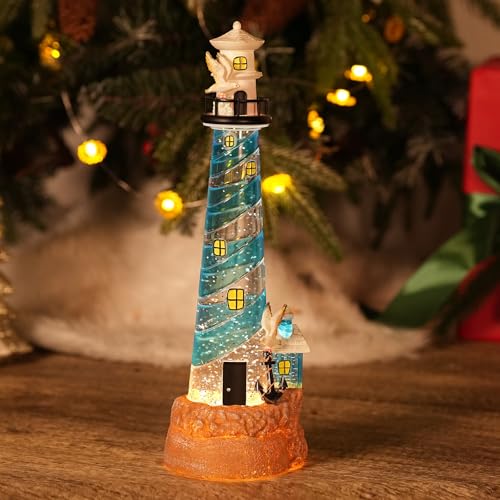 Lighthouse​ Snow Globe Christmas Decorations Coastal, 6H Timer Light Up