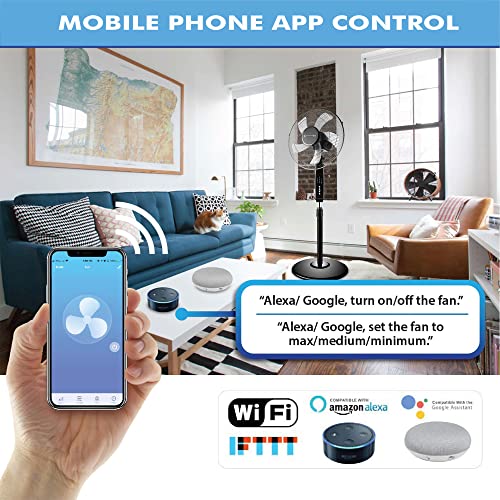 Technical Pro Smart Oscillating Pedestal Fan, 3 Speed Portable 16” Wifi Enabled Standing Fan W Adjustable Height, 270 Degree Oscillation, Tilting, Timer & Sleep Mode Compatible W/Alexa/Google (Black) #TOP4