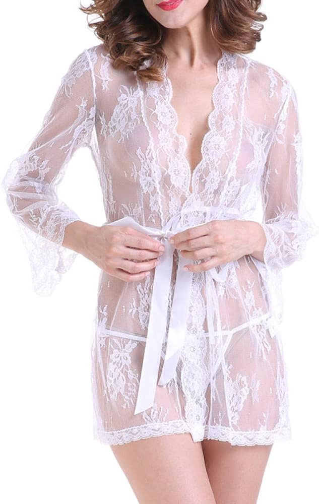 Women'S Lingerie Temptation Mesh See-Through Pajamas Sexy Nightdress Plus Size White