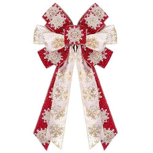 Large Christmas Bows, Tree Topper Bow for Christmas Tree Winter, Snowflake Ribbon Bows for Wreath Front Door Wall Fence Decor (1, Red White)