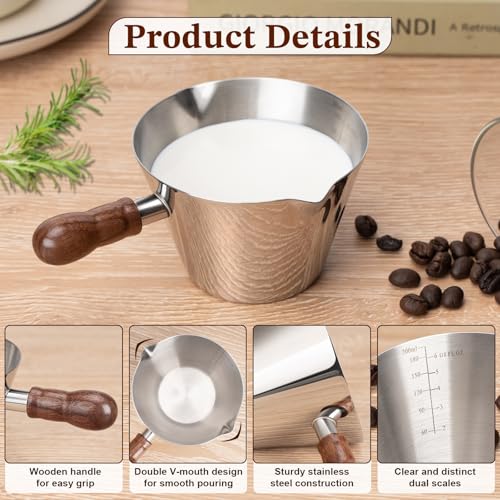 Image of Amrules 6.8oz Espresso Measuring Cup with Wood Handle & Double Spout,Silver