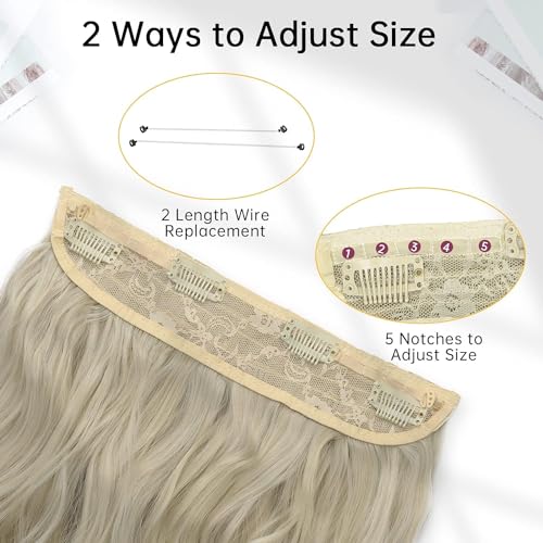 PORSMEER Ash Blonde Invisible Wire Hair Extensions with Transparent Wire Adjustable Size 4 Secure Clips 20 inch Long Wavy Secret Hairpiece,Gray Blonde - Image 2