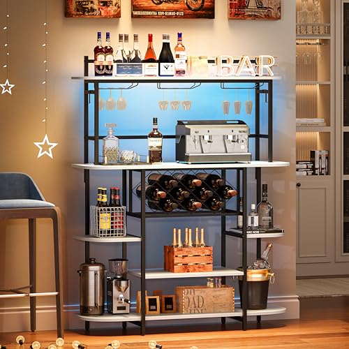 HOMELA Wine Rack Table with RGB LED Lights, Home Bar Cabinet for Liquor and Glasses, Bar Stand for Living Room, Wood Wine Bar Table with Storage Shelves, Freestanding Bar for Apartment, 47.2' Rustic