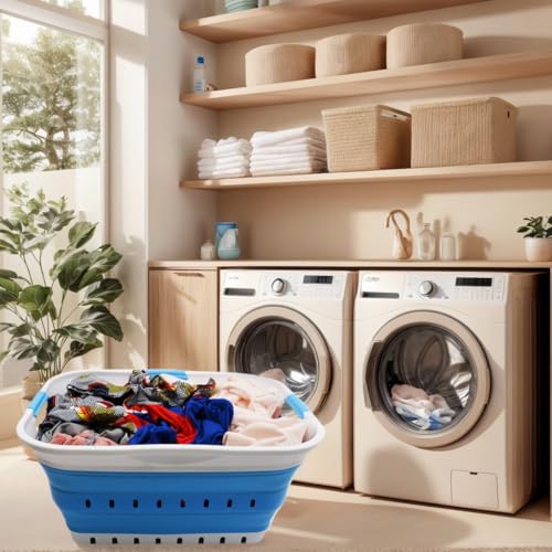 Image of SAMMART 42L (11 gallon) Collapsible Plastic Laundry Basket - Foldable Pop Up Storage Container /Organizer - Portable Basket - Space Saving Hamper /Basket (2, White /Marine Blue)