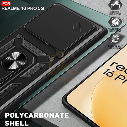 Image of Armor Bumper Back Cover Case for Realme 16 Pro 5G Rotating Camera Cover, Ring Holder & Kickstand | Heavy Duty & 360 Degree Protection Realme 16 Pro 5G Back Cover (Black)
