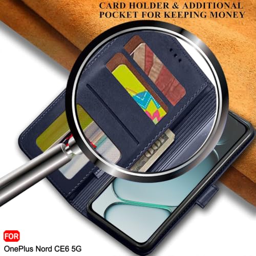 Image of TheGiftKart Genuine Leather Finish Flip Back Cover Case for OnePlus Nord CE 6 5G | Inbuilt Pockets & Stand | Wallet Style | Designer Button | Flip Back Cover for OnePlus Nord CE6 (Faux Leather, Blue)