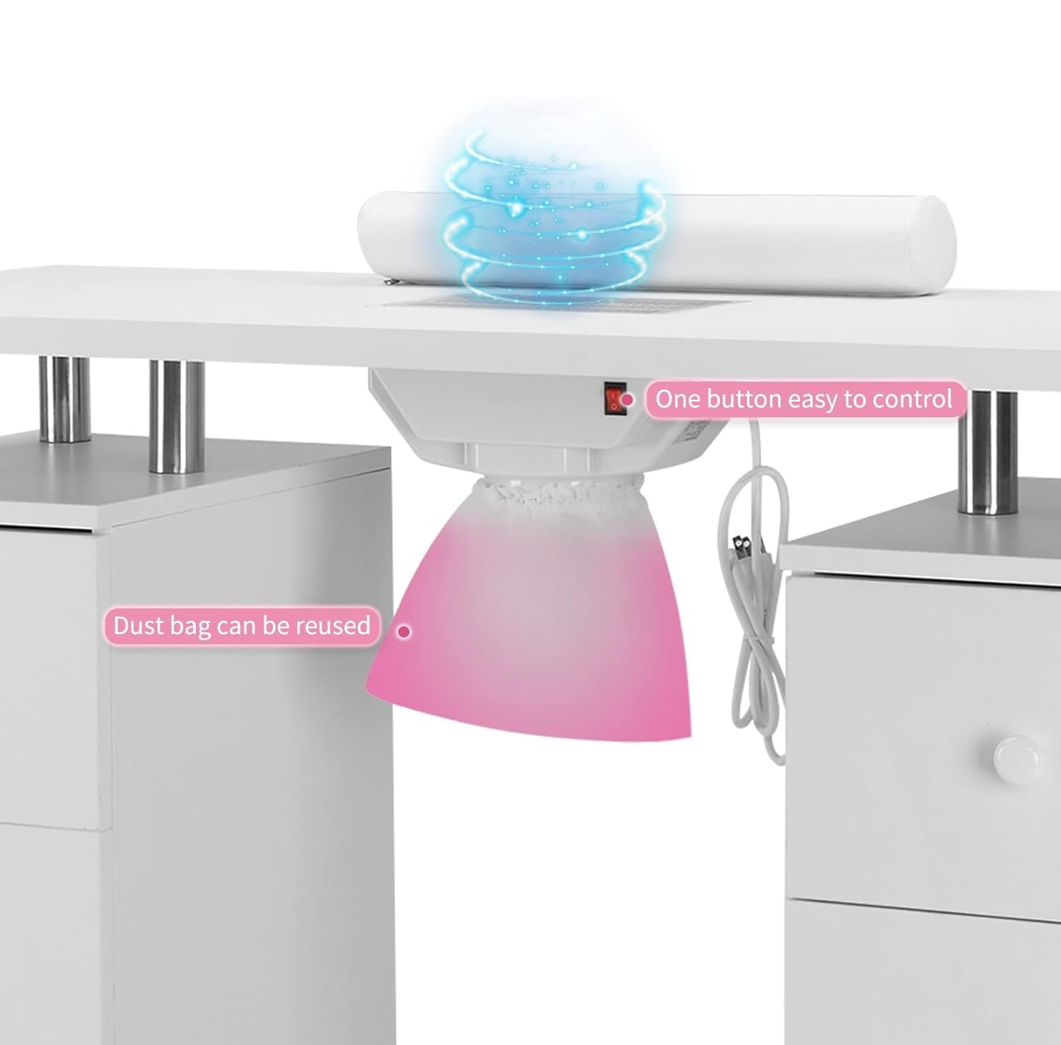 Mesa de Manicura para Uñas con Aspirador,8 Ruedas,3 Bolsas para Polvo, Reposamuñecas, 6 Cajones,Mesa Profesional para Artistas, tatuadores, Estudios y estética (Extra Grande Blanco)