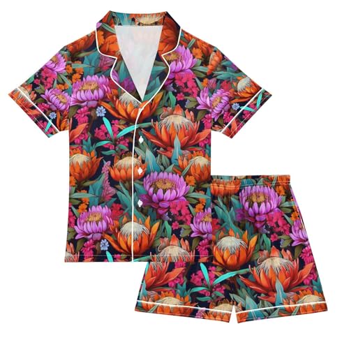 senya Budding Flower Satin Summer Pajama Sets Silk Short Sleeve Button Down Sleepwear