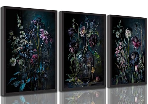 3 lienzos florales oscuros sin marco, arte de pared vintage de