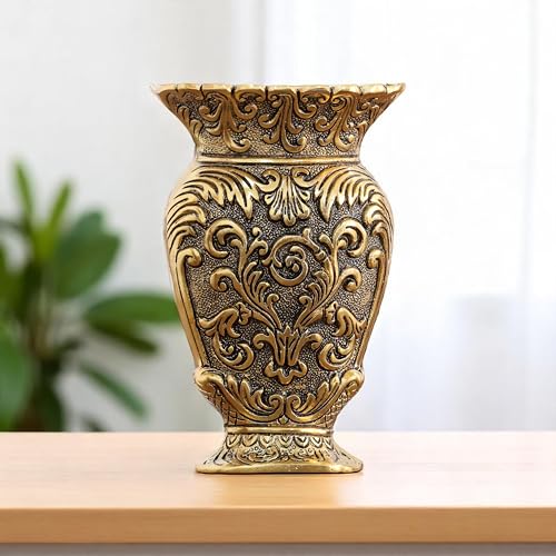 Image of Kridaykraft Decorative Metal Vase, Antique Gold Finish, Baroque Floral Pattern, Traditional Ornate Design