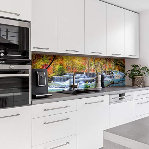 Dedeco - Panel de cocina con diseño de cascada V1, 280 x 60 cm, 3 mm de cristal acrílico plexiglás, protección contra salpicaduras para la pared de la cocina, resistente al agua, efecto 3D