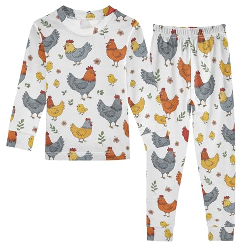 Pajama Sets Long Sleeve Chicken Pattern with Flowers Soft Comfy Sleepwear 2 Piece PJS 3-8T