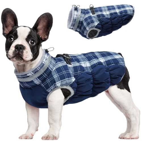 Image of FUAMEY Dog Cold Weather Coats Reflective Dog Warm Jacket with Harness | Fleece Winter Coat for Medium Dogs Snow Puffer Vests with Zipper Reflective Turtleneck Jackets for Winter Blue Plaid M