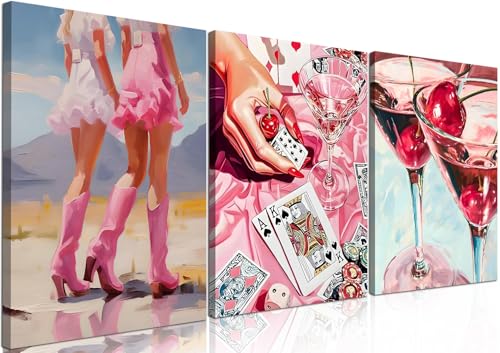 Image of Framed Pink Preppy Wall Art Set of 3, Cowgirl Boots Cherry Cocktail Pictures Wall Decor, Trendy Poker Paintings Canvas Prints Girly Aesthetic Home Decor for Living Room Bedroom Dorm Bar 12x16 inch