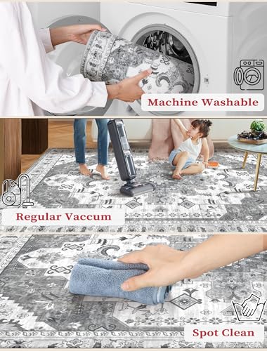 SERISSA Boho Washable Runner Rug, 2x5 Rug Runner Non-Slip Vintage Grey Hallway Kitchen Runner Rug Ultra Soft Print Distressed Floor Carpet Runner for Bedroom Bathroom Laundry Living Room