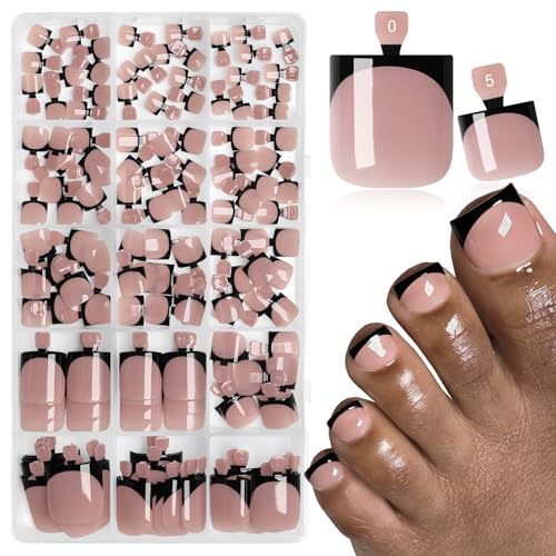 150pc Black French Tips Press on Toenails Women Fake Toe Nail Press ons French Acrylic Toenail Press-on Toes Nails Coffee Fake Toenails Glue on Toe Nail Tips 15 Sizes Pedicure False Nails for Feet