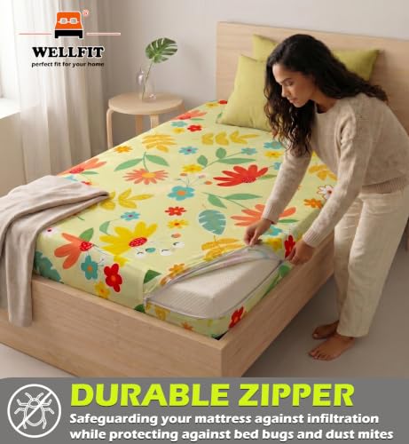 Image of WELLFIT Premium Glace Cotton 300 TC Mattress Protector King Size | 78x72x8 Inches | Bed Cover with Zip | Mattress Cover with Zipper Chain | 6x6.5 Ft Mattresses