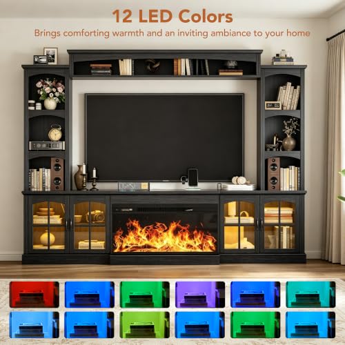 Image of MXV 98 inch Farmhouse Fireplace TV Stand, Large Wall Unit Entertainment Center with 36 inch Electric Fireplace, Media Console with Storage Cabinets and Open Shelves for Living Room, Black