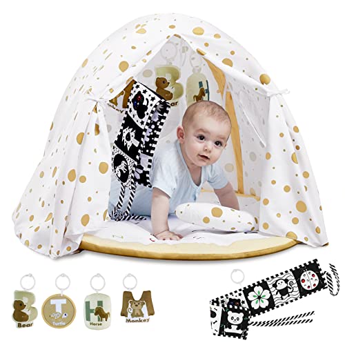 Image of ANGELBLISS Baby Play Gym Mat, Cozy Alphabet Design for Newborn Stage-Based Developmental Activity Gym & Play Mat Tummy Time for Babies to Toddlers with 5 Toys, Tent Cover & Pillow, Boy & Girl Gifts