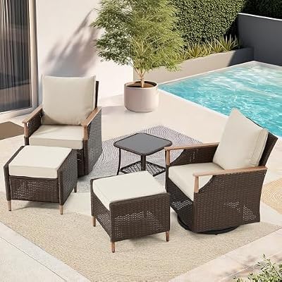 MELLCOM Patio Swivel Glider Rocker Chairs Set Wicker 5 Piece Patio Furniture Set Rocking Bistro Set with Tempered Glass Side Table and 2 Ottoman, for Backyard Garden Patio Porch (Beige, 5pcs)