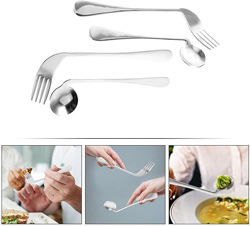 Miniatura 6 de Juego de utensilios adaptativos, cuchara y tenedor curvados de acero inoxidable para ancianos, adultos con temblores, cómodo diseño de mango en