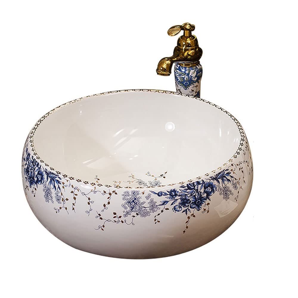 WDSOPK Bathroom 12"" Porcelain Wash Basin Combo, Round Vessel Sink with Faucet, Above Counter Countertop Ceramic Bowl Sink, Traditional Chinese Blue and