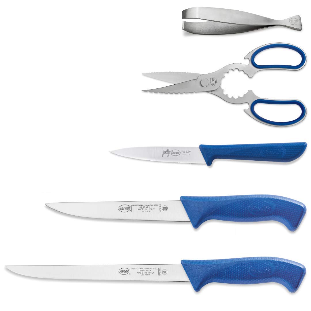 Set 5 pezzi lavorazione e sfilettatura Pesce, Linea Skin blu, in rotolo portatile per cuochi e pescatori